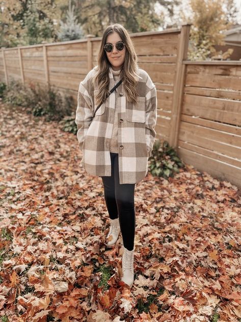 fall plaid shacket outfits for women Autumn Outfits Shacket, Shacket Outfit Women Dressed Up, Tan Plaid Jacket Outfit, Womens Combat Boots Outfit Fall, Shacket And Boots Outfit, Fall Shaket Outfits, Neutral Shacket Outfit, Shacket With Leggings Outfit Women, Grey Plaid Shacket Outfit