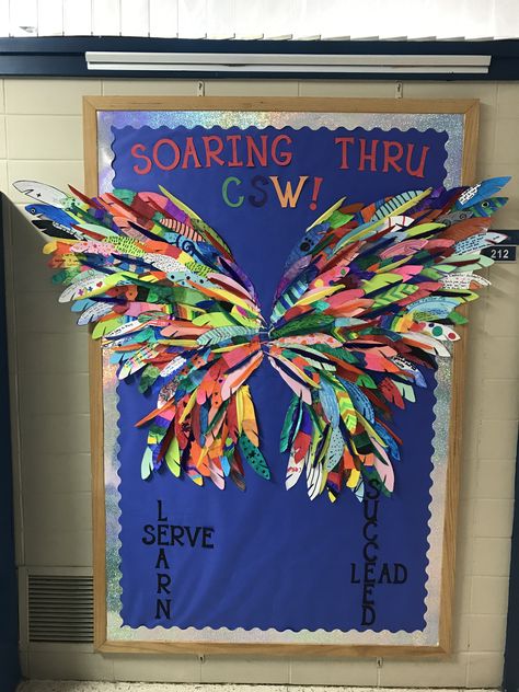 Catholic Schools Week 2019 Catholic Schools Week Bulletin Board Ideas, Catholic Schools Week Door Ideas, Catholic Schools Week Bulletin Board, Butterfly Classroom Theme, Butterfly Classroom, Wings Mural, Catholic Bulletin Boards, Butterflies Classroom, Homeroom Mom