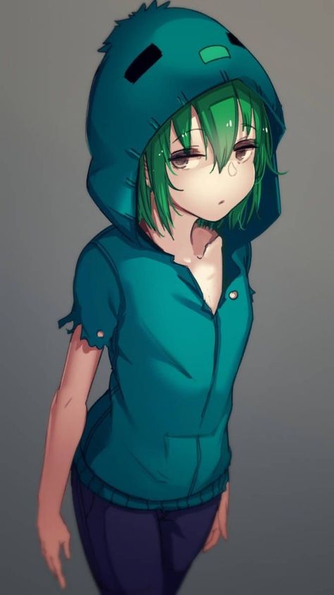 Anime Green Hair, Anime Green, Minecraft Pictures, Minecraft Anime, Zombie Girl, Anime Version, Minecraft Art, Minecraft Fan Art, Gray Eyes