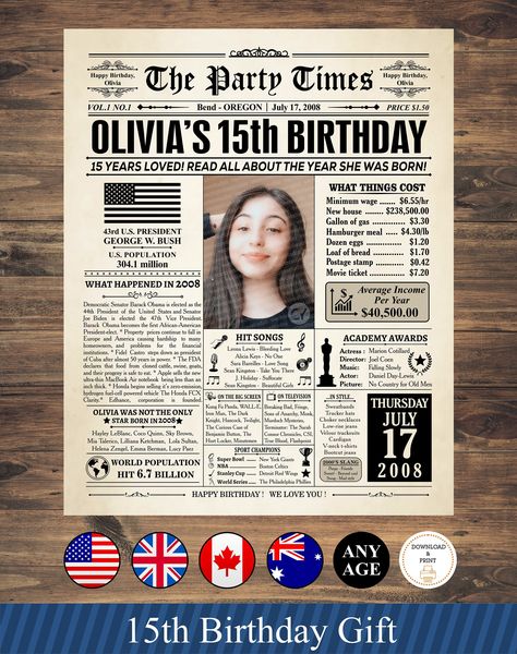 - - - - - - - - - - - - - - - - - - - - - - - - - 15th birthday personalized gift - - - - - - - - - - - - - - - - - - - - - - - - - 15th Birthday Newspaper Poster Sign PRINTABLE, Teen boy gift or teen girl gift idea, 15 years ago back in 2008, 15th birthday gift, 2008 USA Digital download Digital file type(s): 1 JPG Description THIS LISTING IS FOR A DIGITAL COPY ONLY - NO PHYSICAL PRODUCT WILL BE SHIPPED TO YOU! WHAT YOU GET: * PRINT IT YOURSELF poster in a digital file. * Please note that no ac 1973 Birthday Party Ideas, Birthday Newspaper, Beatles Wallpaper, Newspaper Poster, 50th Birthday Party Decorations, 32 Birthday, Gifts For Teen Boys, Vintage Newspaper, Journal Vintage