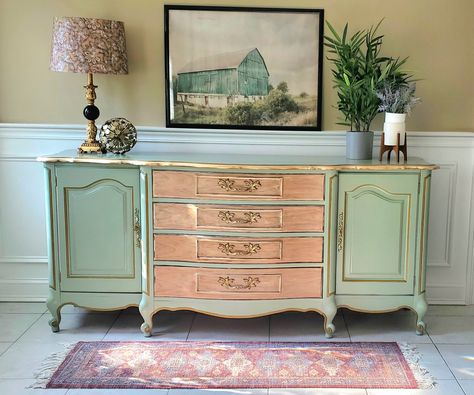 Green And Gold Furniture, Diy Dressers, White Side Table, Paint Wash, Provincial Dresser, French Provincial Dresser, French Provincial Furniture, Coastal Plain, Gold Furniture