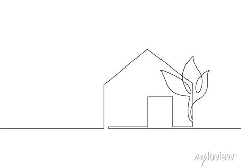 Small House Tattoo Simple, House Outline Tattoo, Outline Of House Tattoo, Line Art Drawings Of Houses, House Outline Drawing, One Line House Drawing, House Line Drawing, Tree Line Drawing, House Outline