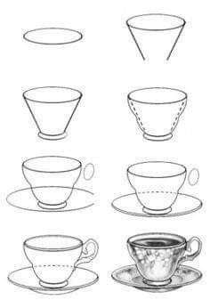 How To Draw A Tea Cup, Easy Still Life Drawing, Tea Cup Drawing, Basic Sketching, Fancy Tea, Pencil Drawings For Beginners, Sketching Tips, Object Drawing, 카드 디자인