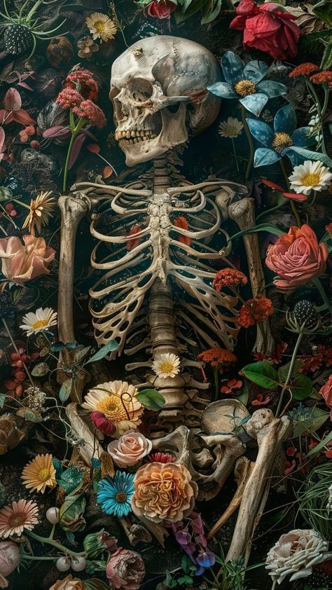 Skeleton In Flowers, Skeleton Artwork, Skeleton Illustration, Witchy Wallpaper, Skeleton Art, Cool Wallpapers Art, Jrr Tolkien, Arte Fantasy, Pretty Wallpapers Backgrounds