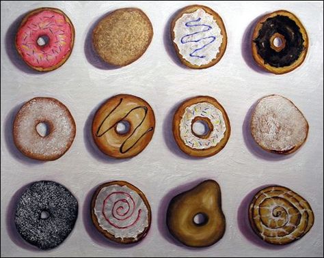 Lisa Milroy and Collections – Passions and Obsessions Lisa Milroy Artist Research, Dessert Still Life, Lisa Milroy, Pop Art Food, Dozen Donuts, A Level Textiles, Art Shopping, Still Life Artists, Art Alevel