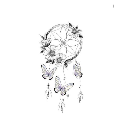 Butterfly Dream Catcher Tattoo, Unique Dream Catcher Tattoo, Fine Line Dream Catcher Tattoo, Butterfly Dreamcatcher Tattoo, Dream Catcher Butterfly, Atrapasueños Tattoo, Dream Catcher Drawing, Cute Thigh Tattoos, Butterfly Hand Tattoo