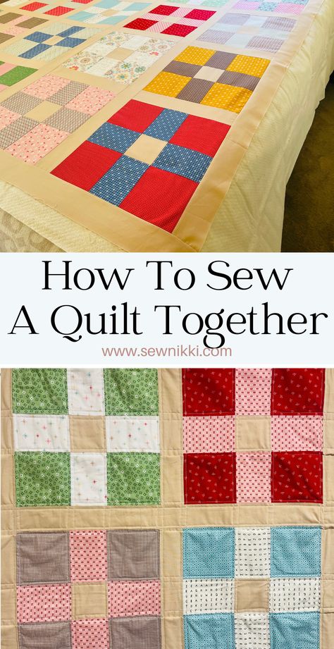 basted quilt top over batting and section of finished quilt How To Sew Quilt Blocks Together, How To Piece Together A Quilt, How To Finish A Quilt Top, How To Assemble A Quilt, Making A Quilt For Beginners, How To Back A Quilt, How To Sew Quilt Squares Together, How To Put A Quilt Together, How To Quilt With Sewing Machine