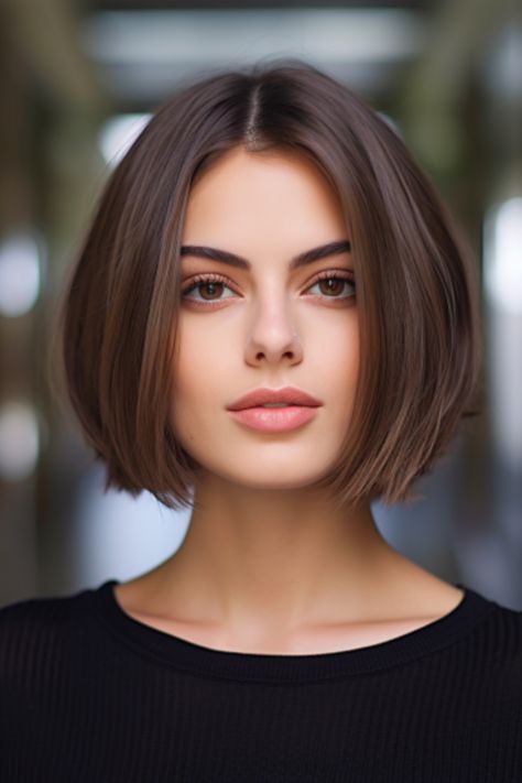 For a well-defined look, go for a chin-length box bob with a razor cut. The box bob is blunt and crisp, making it ideal for straight brown bob lovers. Click here to check out more if you haven’t seen the “Box Bob” cut yet, here are 25 incredible examples for you. Chin Length Brunette Bob With Highlights, Short Bob With Bangs For Thick Hair, Neck Length Bob Haircut, Short Bob Hairstyles Straight, Slight Inverted Bob, One Lenght Hairstyle Bob, Bobs For 2024, Chin Length Hair Straight, Box Bob 2024