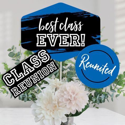 PRICES MAY VARY. Reunited Blue Centerpiece Sticks INCLUDES 15 blue and black table toppers in three different shapes, 15 table topper sticks and stickers for easy assembly. Blue and black table decorations are perfect for a school class reunion event. Reunited Blue Centerpiece Sticks SIZE five shape 1 table toppers, 10.75” wide x 8” tall; five shape 2 table toppers, 7.25” wide x 3.5” tall; and five shape 3 table toppers, 6” wide x 6” tall. The unique design and variety of pieces makes this table Blue Table Decorations, High School Reunions, 50th Class Reunion Ideas, Reunion Centerpieces, Class Reunion Decorations, Reunion Decorations, Reunion Party, Blue Centerpieces, White Centerpiece