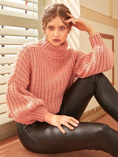 Drop Shoulder Lantern Sleeve Sweater | SHEIN USA Cute Turtleneck, Rosa Coral, Lantern Sleeve Sweater, Cable Knit Sweater Womens, Crazy Outfits, Ladies Turtleneck Sweaters, Cable Knit Jumper, Thick Sweaters, Women Sweaters