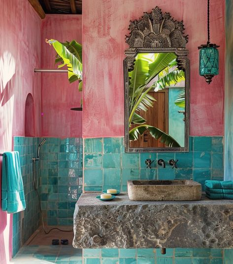 Miami Vice Bathroom, Mexico Bathroom Ideas, Teal And Coral Bathroom, Blue And Pink Bathroom, Mexican Houses Interior, Miami Style Decor, Hacienda Bathroom, Turkish Interior, Mexican Tile Bathroom