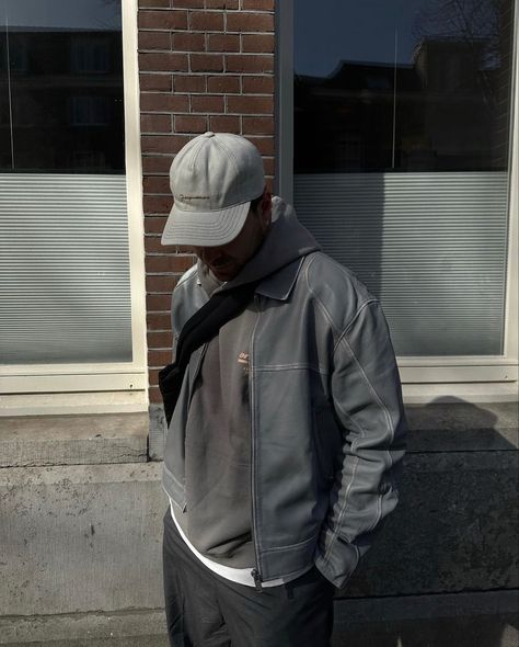 Men’s fashion, inspiration, outfit, style, grey, cap, leather jacket, hoodie Grey Leather Jacket Outfit Men, Grey Cap Outfit, Grey Hoodie Outfit Men, Grey Hat Outfit, Gray Leather Jacket Outfit, Gray Hoodie Outfit, Cap Outfit Men, Hat Outfit Men, Leather Jacket Hoodie