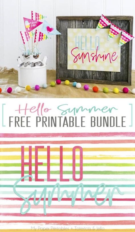 Hello Summer Free Printable, Sign, Pennants and More Hello Sunshine Sign, Hello Printable, Printable Signs Free, Sunshine Sign, Subway Art Printables, Summer Bulletin Boards, Free Poster Printables, Flag Printable, Summer Printables