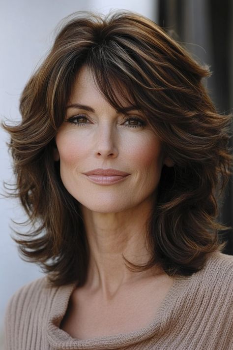 4. Layered Shag with Chocolate Brown Lowlights (Shaggy Hairstyles For Older Women) - Shaggy Hairstyles For Older Women Chocolate Brown Lowlights, Shag Layered Hairstyles, Wavy Layered Haircuts, Corte Shaggy, Brown Lowlights, Trendy Layered Hairstyles, Shaggy Haircut, Long Hair Older Women, Bobbed Hairstyles With Fringe