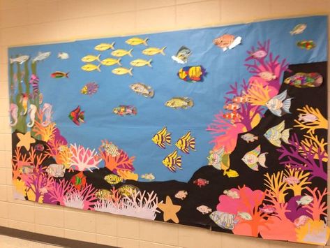 Aquarium Bulletin Board Sea Theme, Aquarium Bulletin Board Ideas, Aquatic Bulletin Boards, Coral Reef Bulletin Board, Australia Bulletin Board, Great Barrier Reef Crafts For Kids, Little Mermaid Bulletin Board, Fish Bulletin Board Ideas, Underwater Bulletin Board