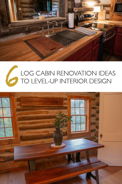 Revamp your rustic retreat with these 6 log cabin renovation ideas! 🌲✨  From mantels to countertops, discover how to elevate your cabin's charm and functionality. Get inspired with our latest blog! Log Cabin Makeover Before And After, Log Cabin Update Renovation, Log Cabins Interiors, Log Cabin Homes Interior, Log Cabin Renovation, Log Cabin Remodel, Log Cabin Interior Design, Log Home Flooring, Modern Log Cabin