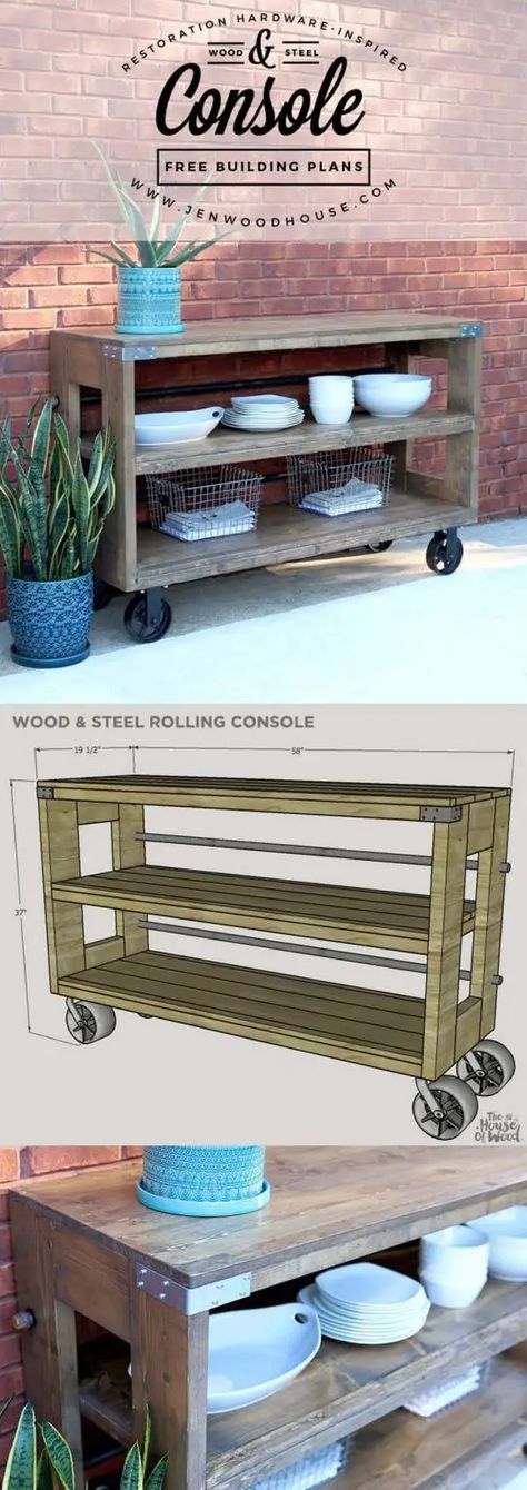 Rustic Wood and Steel Rolling Console #diy #backyard #garden #projects #decorhomeideas Diy Wood Bar, Backyard Furniture Diy, Restauration Hardware, Diy Restoration Hardware, Jen Woodhouse, Restoration Hardware Inspired, Wood Bar Table, Wood Furniture Plans, Reclaimed Wood Projects