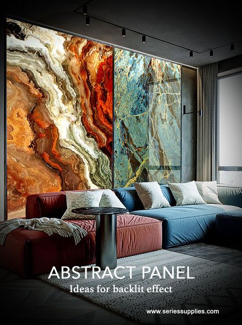 Abstract Panel represent an innovative reality in the world of wall murals.The state-of-the-art detection and hot press technology allows to have a perfect quality and super-defined visual impact very similar stone, marble, agate, onyx slabs. This panel can be appreciated with or without backlit. Its lightweight nature eases the installation process. Comes with matt and glossy surfaces. Feature Wall Design, Feature Wall Living Room, Bedroom Door Design, Living Room Tv Stand, Tv Decor, Interior Wall Design, Mural Design, Luxury Homes Interior, Marble Wall