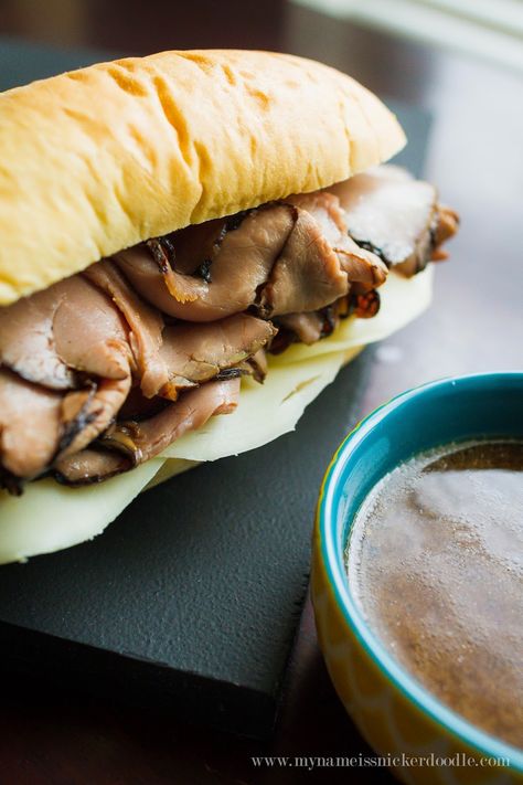 The EASIEST and most delicious French Dip Sandwiches! Psst...It's prepared in the slow cooker! | mynameissnickerdoodle.com Roast Beef French Dip, Slow Cooker French Dip Sandwiches, Deli Roast Beef, French Dips, Slow Cooker French Dip, French Dip Recipes, French Dip Crock Pot, French Dip Sandwiches, Dip Sandwiches