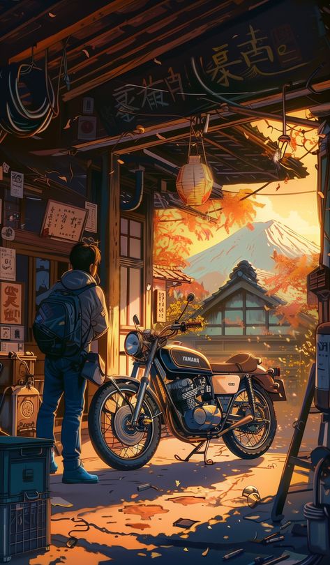 Garage Art, Motorcycle Art, Cool Wallpapers Art, Beautiful Landscape Wallpaper, Bike Art, Sky Art, Royal Enfield, Anime Scenery Wallpaper, Scenery Wallpaper