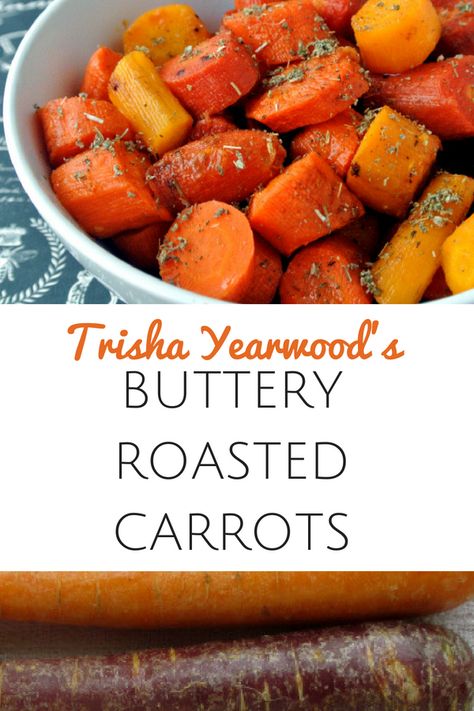 Trisha Yearwood's Buttery Roasted Carrots. Super simple and super tasty. Use rainbow carrots for a beautiful presentation #carrots #butter #easyrecipe #quickrecipe #sidedish | eatlikenoone.com Buttery Carrots, Trish Yearwood Recipes, Recipe For Roasted Carrots, Carrots Thanksgiving, Buttered Carrots, Tricia Yearwood Recipes, Roasting Carrots, Sides Veggies, Carrots Roasted