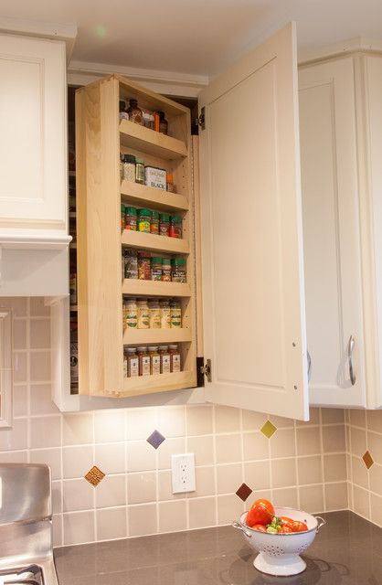 Swing-out Spice Rack - Traditional - Kitchen - Cleveland - by R. B. Schwarz, Inc. | Houzz Spice Rack Next To Range, Kitchen Cabinet Spice Pull Out, Pull Down Spice Rack Cabinet, Built In Spice Rack Cabinets, Upper Cabinet Spice Rack, Spice Cabinet Pull Out, Spice Cabinet Ideas, Pull Out Spice Rack Cabinet, Spice Rack Cabinet Pull Out