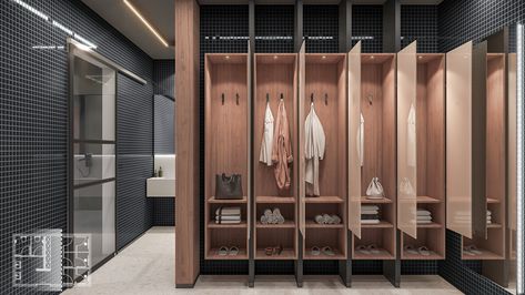 Staff Locker Room Design, Small Gym Locker Room Design, Small Locker Room Design, Gym Lockers Design, Gym Locker Room Design, Public Shower Room, Small Changing Room, Modern Locker Room, Spa Changing Room