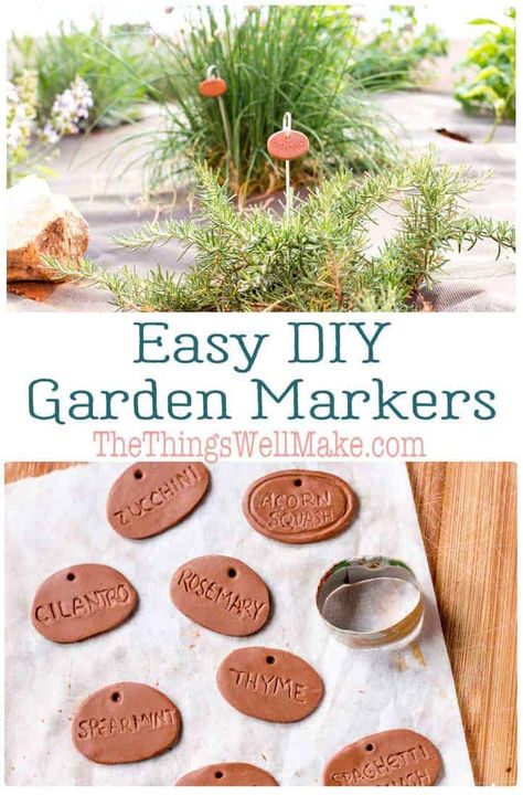 Super cute and easy to make, these DIY polymer clay garden markers are a durable way to dress up your garden. Use them to mark your herbs and other plants, or just as decoration. #garden #gardening #gardeningcrafts #thethingswellmake #miy Herb Garden Label Ideas, Garden Plant Markers Diy, Clay Plant Markers Diy, Garden Plant Labels, Diy Plant Labels For Garden, Diy Clay Garden Markers, Plant Labels For Garden, Ceramic Garden Markers, Diy Garden Markers Plant Labels