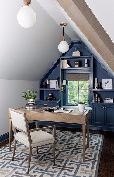 Attic Office And Tv Room, Slanted Ceiling Office Small Spaces, Angled Ceiling Office, Slanted Ceiling Home Office, Home Office Angled Ceiling, Slanted Wall Office, Slanted Ceiling Office Ideas, Attic Built Ins Slanted Walls, Attic Office Space Sloped Ceiling