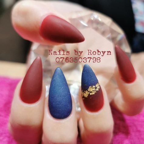 Matte Nails Stiletto Red Blue Gold Foil Red Blue And Gold Nails, Navy Blue And Burgundy Nails, Red Blue Gold Nails, Navy Blue And Red Nails, Red And Navy Nails, Navy And Red Nails, Blue And Copper Nails, Ski Nails, Om Nails