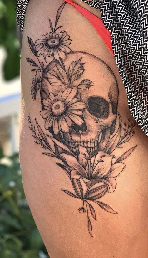 Arm Tattoo Girl, Bakery Tattoo, Flowers Arm Tattoo, Skull Thigh Tattoos, Flowers And Their Meanings, Flowers At Night, Tattoo Design Ideas For Women, Floral Thigh Tattoos, Thigh Tattoo Designs