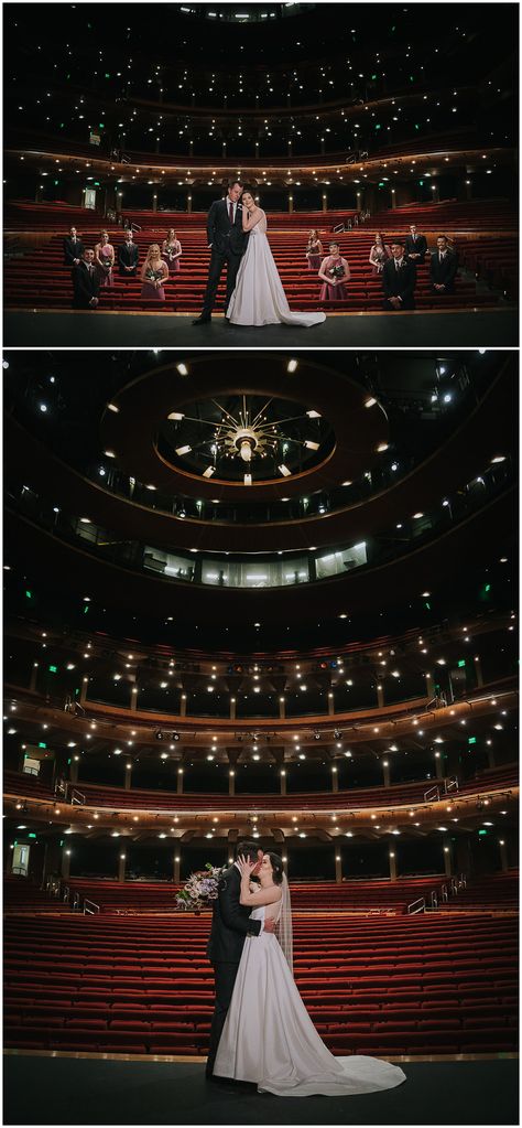 theater wedding photo with bride and groom and Ellie caulkins opera house Old Theater Wedding, Theater Wedding Ideas, Wedding In Theatre, Broadway Wedding Ideas, Theatre Wedding Photos, Theatre Wedding Ceremony, Musical Theatre Wedding, Theatre Wedding Theme, Theatre Themed Wedding