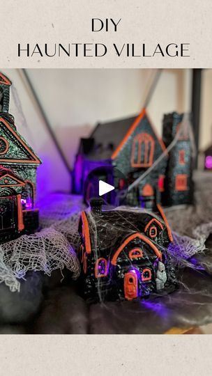 3.7K views · 1.3K reactions | DIY Haunted Halloween Village 👻 🎃  Save this for when you’re in a MumMY MoOd!! I’ve always wanted a haunted village, but the buildings are so hard to find, and honestly just too expensive! I came up with this idea to make my own!  I used Christmas village buildings (from my local thrift shop) and transformed them into spooky delight!   Supplies: Christmas village buildings  Black spray paint  Clear sealant (I sealed mine when completely done) Red or purple bulb for light  Orange paint (if you want to add a little detail)  Fake snow base  Gray spray paint   Directions: 1) Spray building with 2 coats of black spray paint 2) once dry, add your detail with orange paint (optional) 3) once dry, seal with clear sealant paint  4) insert new light bulb  5) spray snow Light Orange Paint, Diy Halloween Village, Spray Snow, Haunted Village, Village Buildings, Fake Snow, Haunted Halloween, Halloween Village, Black Spray Paint