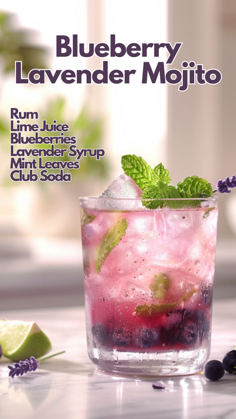 Blueberry Lavender Mojito Blueberry Lavender Mojito, Mint Drinks Alcohol, Lavender Mocktail Recipe, Mediterranean Drinks, Mint Cocktail Recipes, Mojito Flavors, Cocktails With Mint, Lavender Mojito, Lavender Drinks