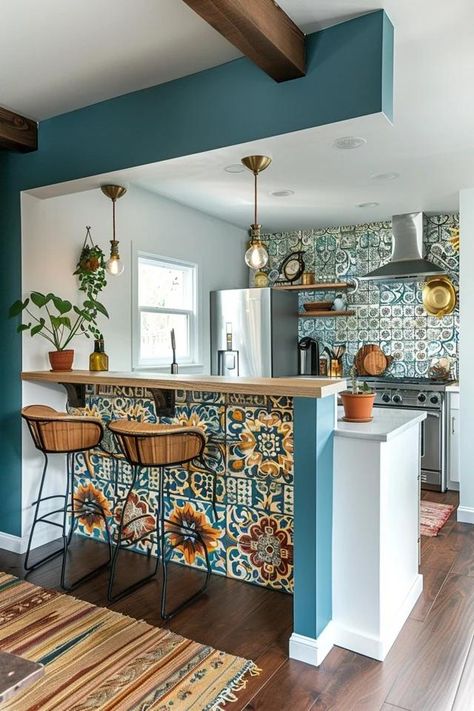 Half Wall Kitchen Ideas to Transform Your Space Half Wall Kitchen Ideas, Wall Kitchen Ideas, Kitchen Half Wall, Colorful Boho Kitchen, Tiny Apartment Kitchen, Apartment Kitchen Decor Ideas, Half Wall Kitchen, Boho Kitchen Curtains, Half Kitchen