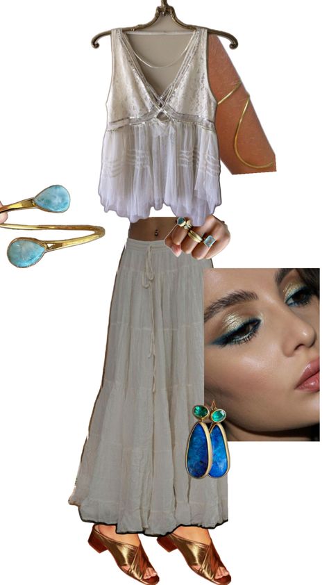 Greece inspired outfit : white long skirt : blue jewlery : Egypt Hellenic Aesthetic Outfit, Athena Aesthetic Outfits, Hellenistic Fashion, Greek Outfit Aesthetic, Greek Inspired Outfits, Greek Outfit Ideas, Blue Jewlery, Spiritual Outfits, Greek Outfit