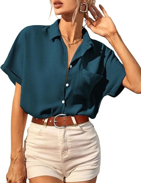 HOTOUCH Womens Button Up Shirts Short Sleeve V Neck Work Blouses Casual Collared Tops with Pockets Blue Green L at Amazon Women’s Clothing store Women's Button Up Shirt, Colorful Summer Outfits, Blouses Casual, Color Outfits, Work Blouses, Women's Button Down Shirt, Spring Inspiration, Work Tops, Collar Top