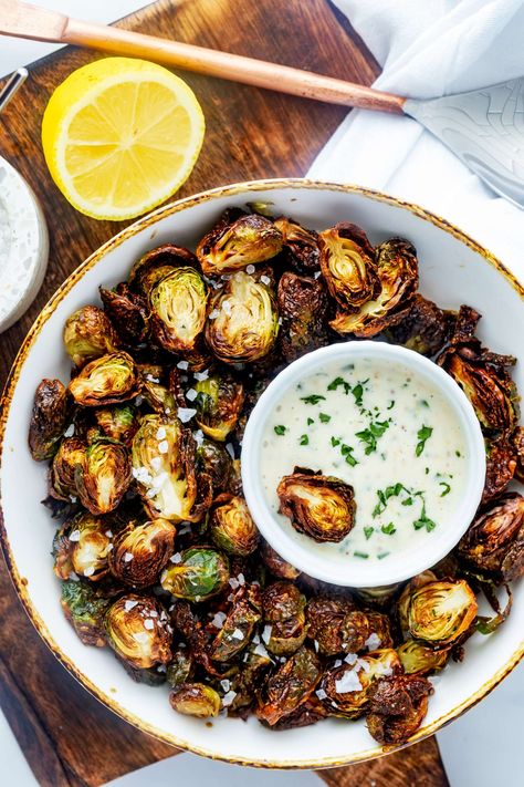 Air Fryer Frozen Brussel Sprouts Crispy, Deep Fried Brussel Sprouts Crispy, Crispy Brussel Sprouts Air Fryer, Airfryer Brussel Sprouts, Frozen Brussel Sprouts Air Fryer, Air Fryer Frozen Brussel Sprouts, Brussel Sprout Dip, Frozen Brussels Sprouts, Cleanish Eating