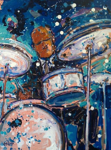 "Blue Water #5" acrylic on canvas 24x18 Eric McRay $500 Music Mural, Drum Drawing, Drummer Art, Music Room Art, Abc Art, Music Canvas, Jazz Art, Music Painting, Cd Art