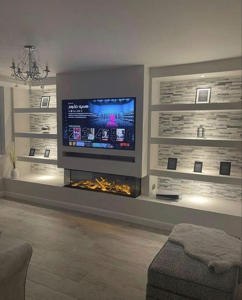 Modern Tv Room, Wall Console, Wall Stand, Feature Wall Living Room, Built In Shelves Living Room, Wall Shelving, Cabinet Tv, Stand Tv, Basement Living Rooms