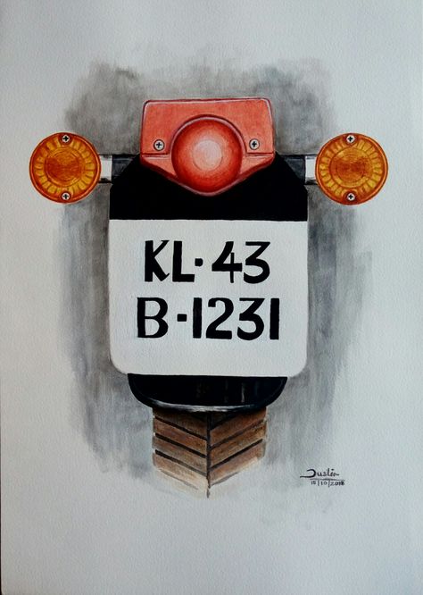 Painting of ROYAL ENFIELD BULLET tail section. Acrylic on Canvas. Number Plate Design Bike Bullet, Himalayan Royal Enfield Drawing, Bullet Drawing Royal Enfield Easy, Royal Enfield Drawing Sketches, Royal Enfield Painting, Royal Enfield Drawing, Bullet Standard 350, Dagger Drawing, Number Plate Design