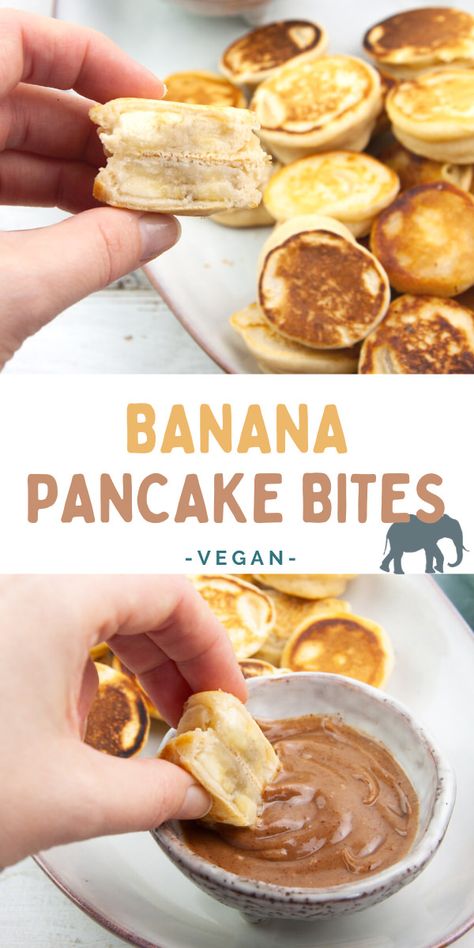 These vegan Banana Pancake Bites are so cute and fluffy! Just dip banana slices in a simple egg-free pancake batter and cook them in a flat pan. Bonus points if you make my quick and easy hazelnut caramel sauce to dip them in! | ElephantasticVegan.com #pancake #bites #breakfast #vegan Banana Pancake Bites, Easy Pancake Batter, Egg Free Pancakes, Vegan Banana Pancakes, Easy Banana Pancakes, Banana Dip, Dairy Free Pancakes, Vegan Pancake Recipes, Banana Flour