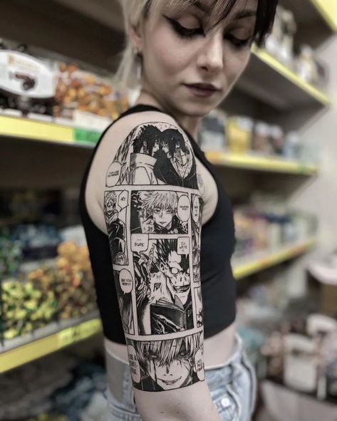 Comic Strip Tattoo Ideas, Anime Half Sleeve Tattoo, Comic Strip Tattoo, Anime Leg Sleeve Tattoo, Anime Sleeve Tattoo, Strip Tattoo, Hunter Tattoo, Unique Tattoos For Men, Feminine Tattoo Sleeves