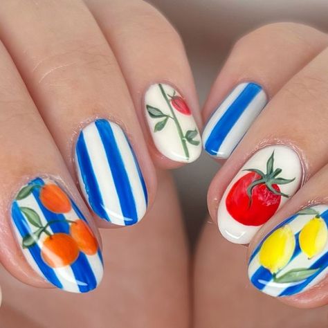 JMoneyNails on Instagram: "🍅🍊🍋 #nails #nailart #nyc #nycnails #handpainted #brooklyn #summer" Realistic Nail Art, Coke Nails, Brooklyn Summer, Ladybug Nails, Nail Ink, Fruit Nail, Nail Piercing, Nail Drawing, Nail Art Techniques