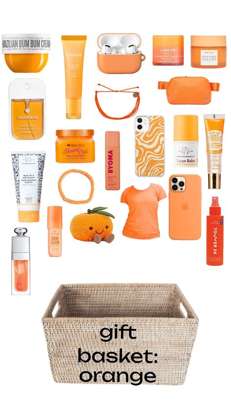 gift basket inspo! #orange #giftbasket #inspo #trend #aesthetic Red Gift Basket Ideas, Orange Gift Basket Ideas, Orange Themed Gift Basket, Orange Gift Basket, Cheap Gift Baskets, Orange Gift Box, Orange Gifts, Orange Basket, Girly Christmas Gifts