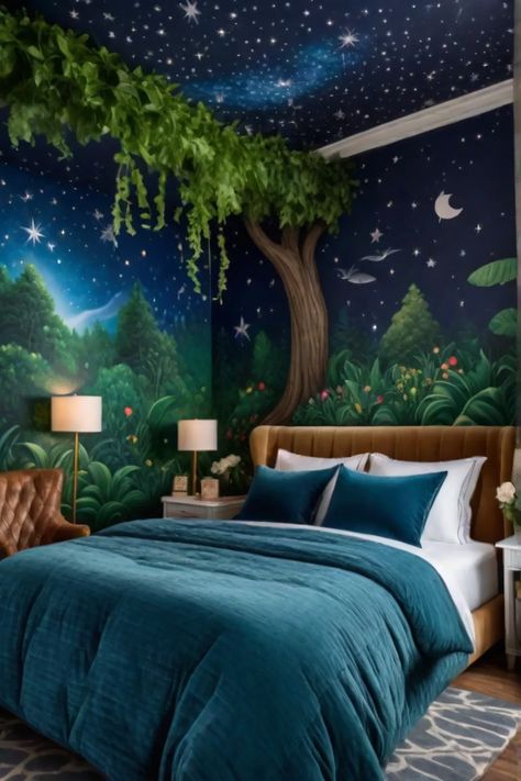 Bedroom mural with enchanted forest theme Forest Bedroom Ideas Kids, Forest Theme Kids Bedroom, Cave Themed Room, Fairy Forest Bedroom Ideas, Whimsical Forest Bedroom, Enchanted Forest Kids Room, Wildlife Bedroom, Forest Inspired Bedroom, Enchanted Forest Room