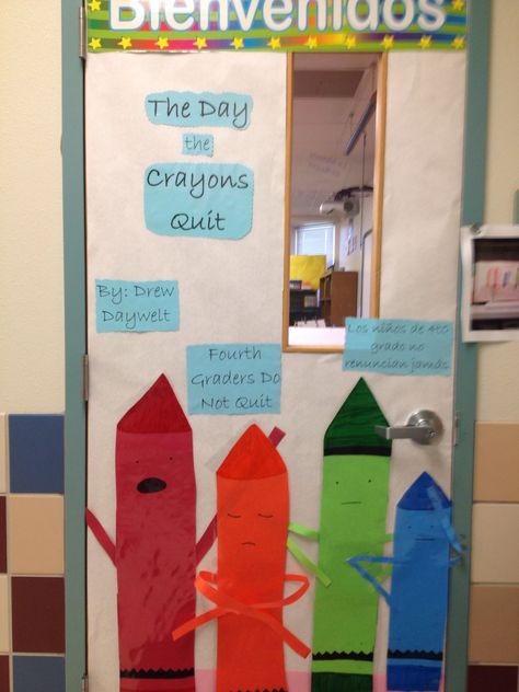 Puerta basada en el libro "the Day the Crayons Quit" Crayon Door Decoration, Read A Thon Door Decorations, Classroom Door Book Theme, The Day The Crayons Quit Door Decoration, The Day The Crayons Quit Display, Crayons Quit Book, Hallway Bulletin Boards, Everyday Math, Door Coverings