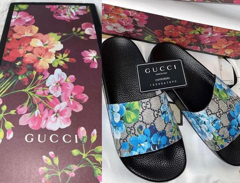 Blue Gucci Slides, Gucci Sliders, Gucci Bloom Slides, Sneakerhead Room, Fire Shoes, Gucci Bloom, Get Summer Ready, Gucci Slides, Gucci Floral