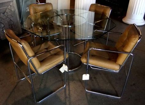 Mid Century Octagon Glass Dining Table/4 Chairs Post Modern Dining Room, Mcm Basement, Octagon Dining Table, Glass Table Dining, Midcentury Modern Dining Room, Modern Glass Dining Table, Dining Table 4 Chairs, Tahoe House, Chrome Dining Table