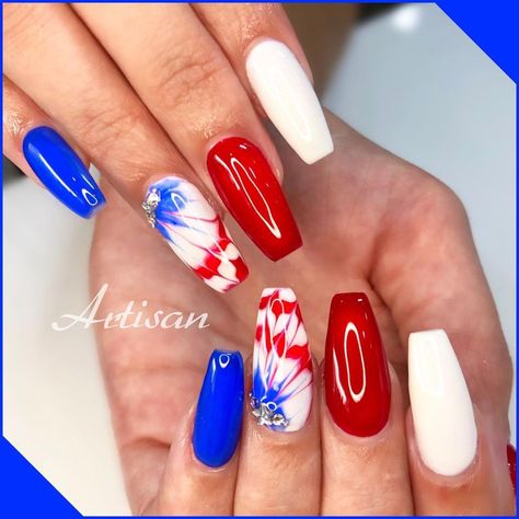 Fourth Of July Nails Designs Acrylic, 4th Nails Design, Red And Blue Nails Acrylic, Patriotic Nail Designs Red White Blue, Fireworks Nails Design, Nails Patriotic, 4th Nails, Patriotic Nails Design, Firework Nails